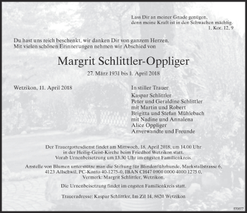 Traueranzeige von Margrit Schlittler-Oppliger von ZO Gesamt