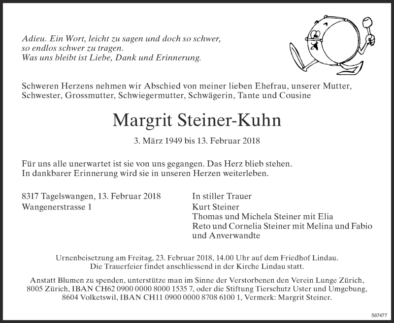  Traueranzeige für Margrit Steiner-Kuhn vom 17.02.2018 aus ZO Gesamt