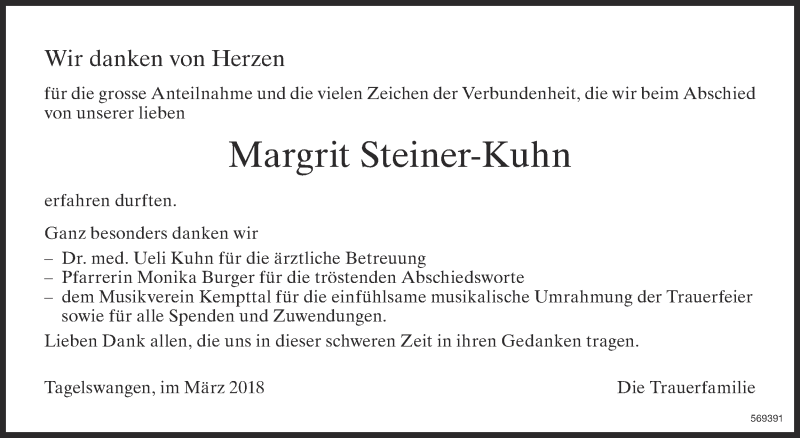  Traueranzeige für Margrit Steiner-Kuhn vom 17.03.2018 aus ZO Gesamt