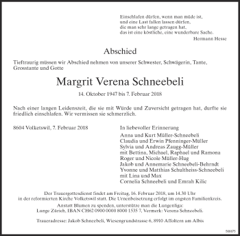 Traueranzeige von Margrit Verena Schneebeli von Glattaler