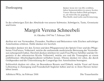 Traueranzeige von Margrit Verena Schneebeli von Glattaler