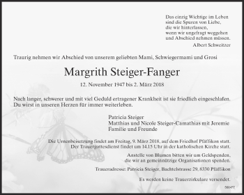 Traueranzeige von Margrith Steiger-Fanger von www.zo-trauer.ch