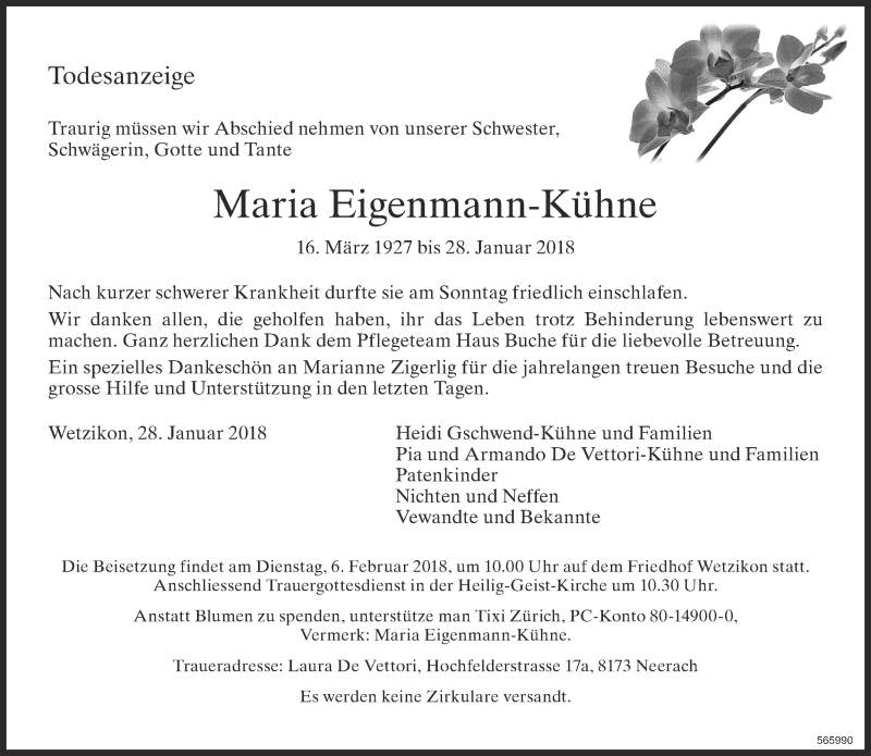  Traueranzeige für Maria Eigenmann-Kühne vom 01.02.2018 aus ZO Gesamt