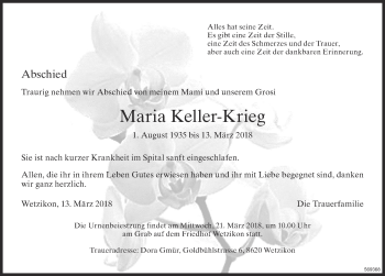 Traueranzeige von Maria Keller-Krieg von ZO Gesamt