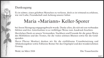 Traueranzeige von Maria Keller-Sporer von ZO Gesamt