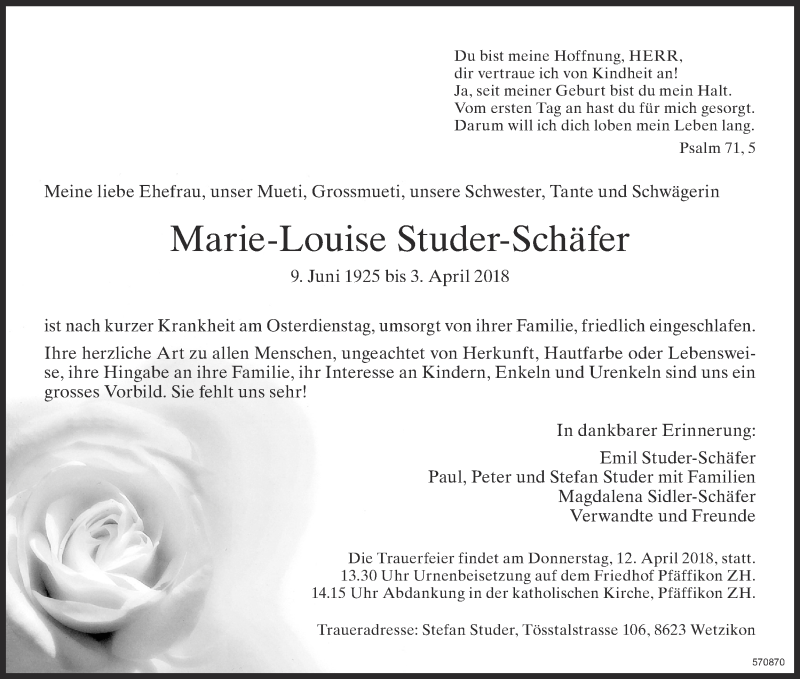  Traueranzeige für Marie-Louise Studer-Schäfer vom 11.04.2018 aus ZO Gesamt