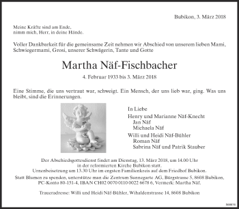 Traueranzeige von Martha Näf-Fischbacher von www.zo-trauer.ch