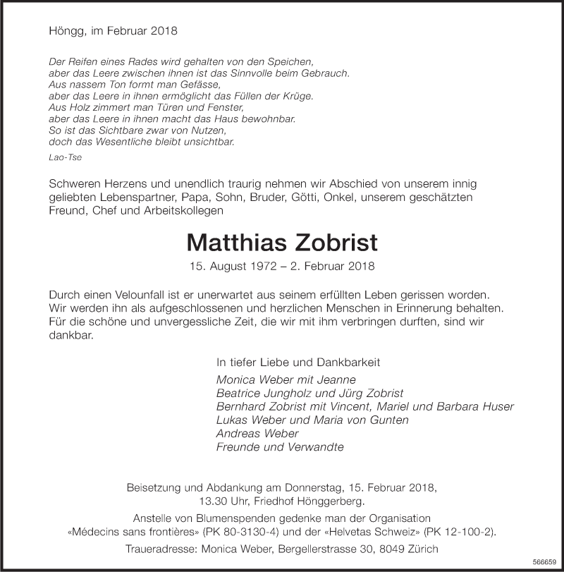  Traueranzeige für Matthias Zobrist vom 08.02.2018 aus ZO Gesamt