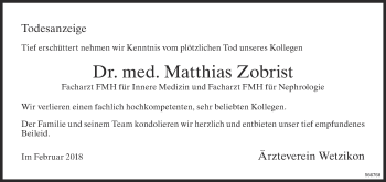 Traueranzeige von Matthias Zobrist von ZO Gesamt