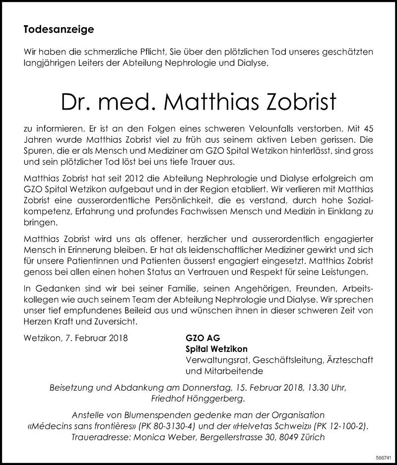  Traueranzeige für Matthias Zobrist vom 09.02.2018 aus ZO Gesamt