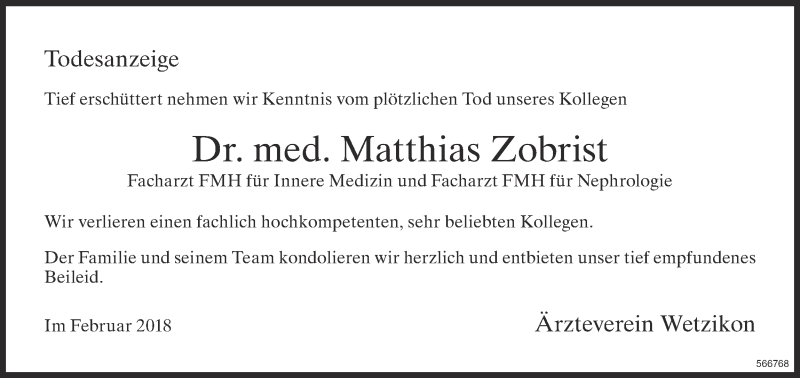  Traueranzeige für Matthias Zobrist vom 10.02.2018 aus ZO Gesamt
