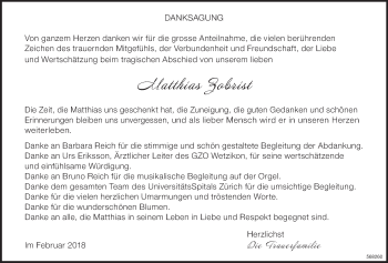 Traueranzeige von Matthias Zobrist von www.zo-trauer.ch
