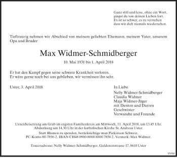 Traueranzeige von Max Widmer-Schmidberger von ZO Gesamt