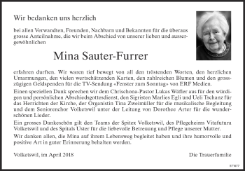 Traueranzeige von Mina Sauter-Furrer von Glattaler