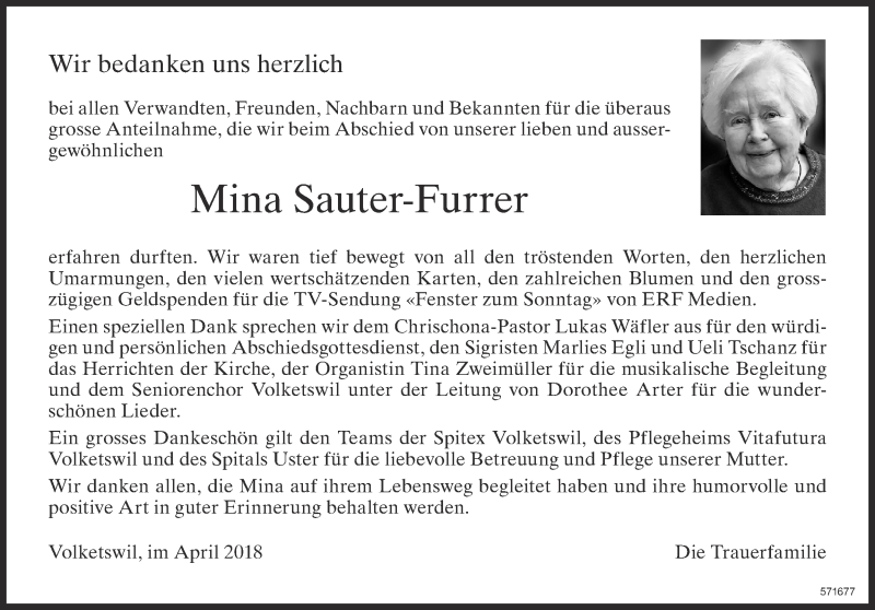  Traueranzeige für Mina Sauter-Furrer vom 20.04.2018 aus Glattaler