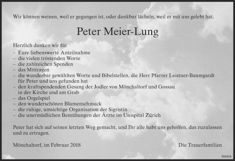  Traueranzeige für Peter Meier-Lung vom 14.02.2018 aus ZO Gesamt