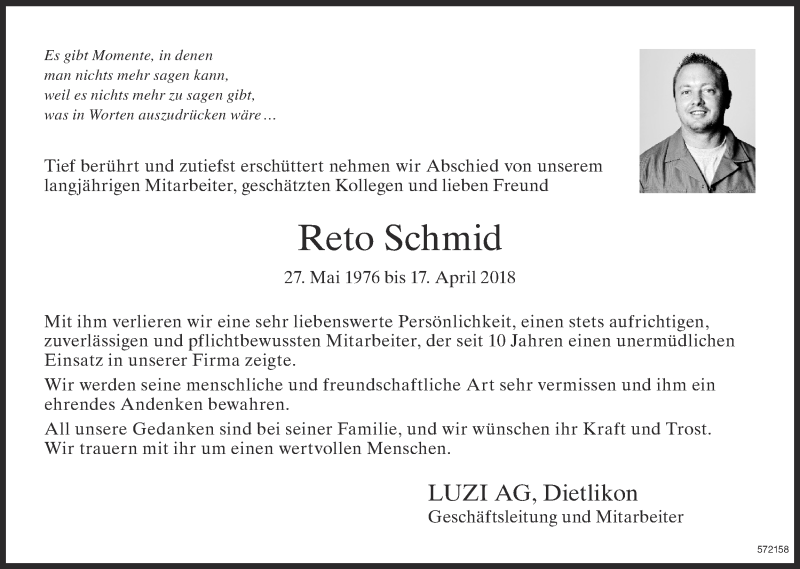  Traueranzeige für Reto Schmid vom 25.04.2018 aus ZO Gesamt