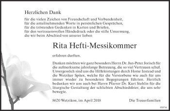 Traueranzeige von Rita Hefti-Messikommer von ZO Gesamt