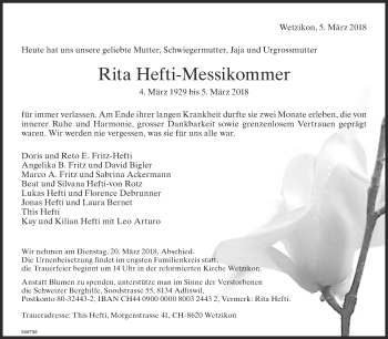 Traueranzeige von Rita Hefti-Messikommer von ZO Gesamt
