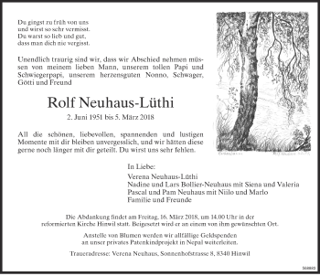 Traueranzeige von Rolf Neuhaus-Lüthi von ZO Gesamt