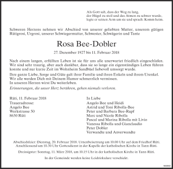 Traueranzeige von Rosa Bee-Dobler von ZO Gesamt
