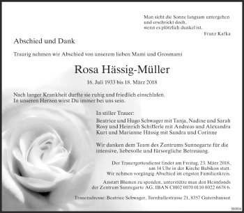 Traueranzeige von Rosa Hässig-Müller von ZO Gesamt