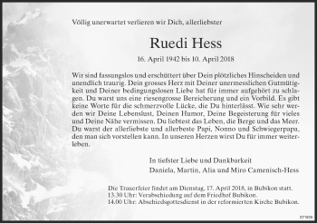 Traueranzeige von Ruedi Hess von ZO Gesamt