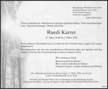 Traueranzeige von Ruedi Karrer von ZO Gesamt