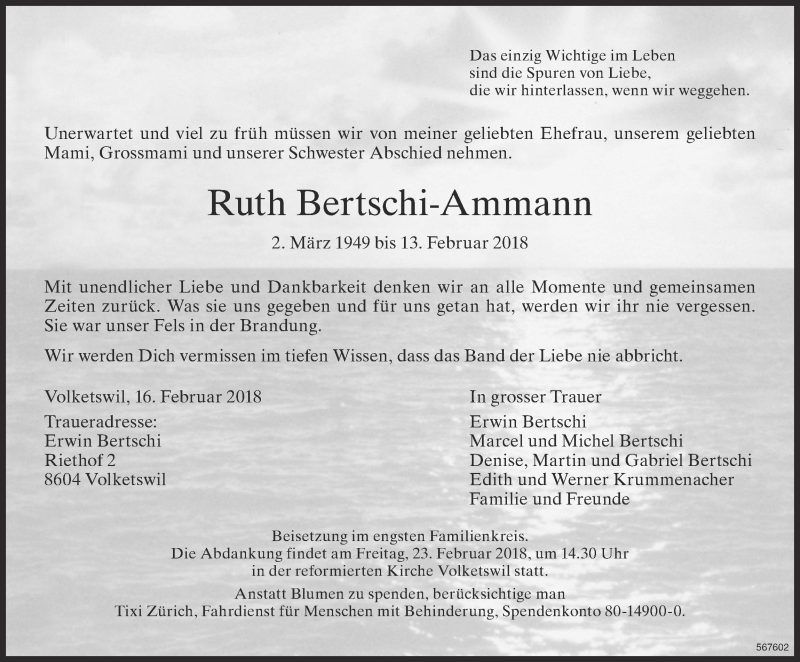  Traueranzeige für Ruth Bertschi-Ammann vom 21.02.2018 aus ZO Gesamt