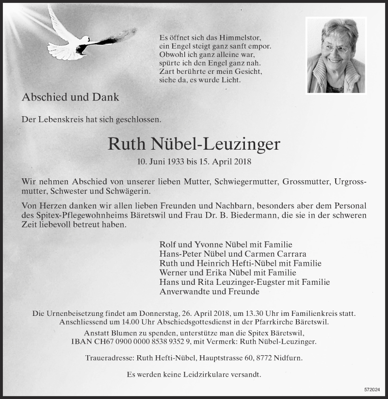  Traueranzeige für Ruth Nübel-Leuzinger vom 20.04.2018 aus ZO Gesamt