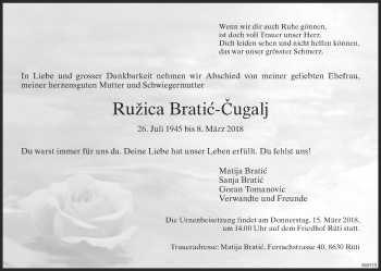 Traueranzeige von Ružica Bratic-Cugalj von ZO Gesamt