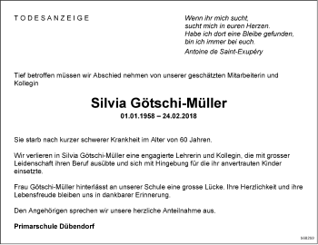 Traueranzeige von Silvia Götschi-Müller von Glattaler
