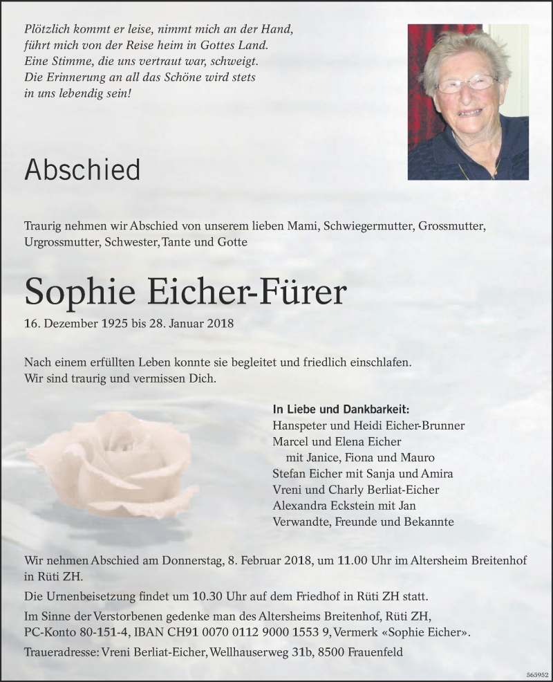  Traueranzeige für Sophie Eicher-Fürer vom 01.02.2018 aus ZO Gesamt