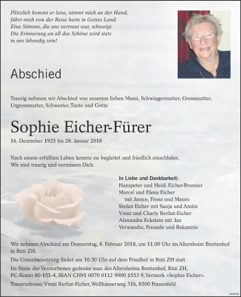 Traueranzeige von Sophie Eicher-Fürer von ZO Gesamt
