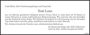 Traueranzeige von Toni Lenz von Glattaler