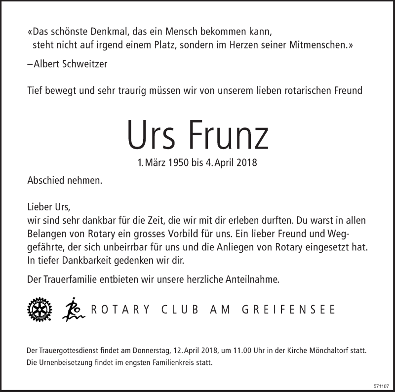  Traueranzeige für Urs Frunz vom 10.04.2018 aus ZO Gesamt