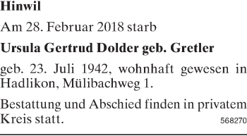 Traueranzeige von Ursula Gertrud Dolder von ZO Gesamt