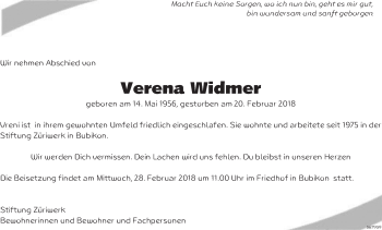 Traueranzeige von Verena Widmer von ZO Gesamt