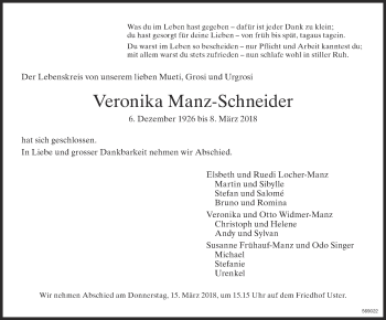 Traueranzeige von Veronika Manz-Schneider von ZO Gesamt