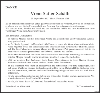 Traueranzeige von Vreni Sutter-Schälli von ZO Gesamt