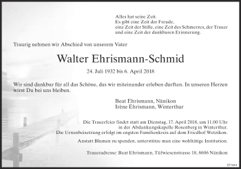 Traueranzeige von Walter Ehrismann-Schmid von ZO Gesamt
