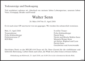 Traueranzeige von Walter Senn von ZO Gesamt