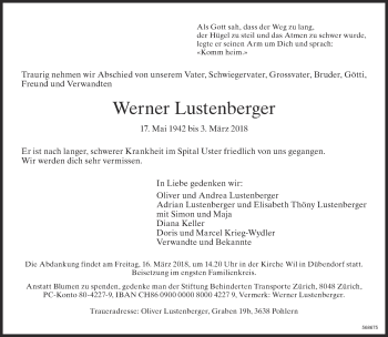Traueranzeige von Werner Lustenberger von www.zo-trauer.ch
