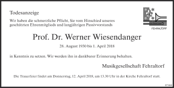 Traueranzeige von Werner Wiesendanger von ZO Gesamt