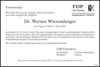 Traueranzeige von Werner Wiesendanger von ZO Gesamt