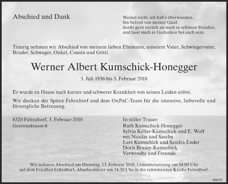  Traueranzeige für Werner Albert Kumschick-Honegger vom 07.02.2018 aus ZO Gesamt