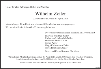 Traueranzeige von Wilhelm Zeiler von ZO Gesamt