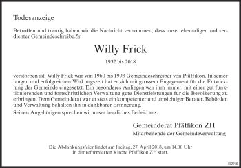 Traueranzeige von Willy Frick von ZO Gesamt