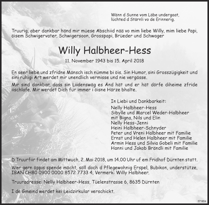  Traueranzeige für Willy Halbheer-Hess vom 25.04.2018 aus ZO Gesamt