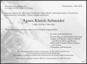 Traueranzeige von Agnes Künzli-Schneider von ZO Gesamt